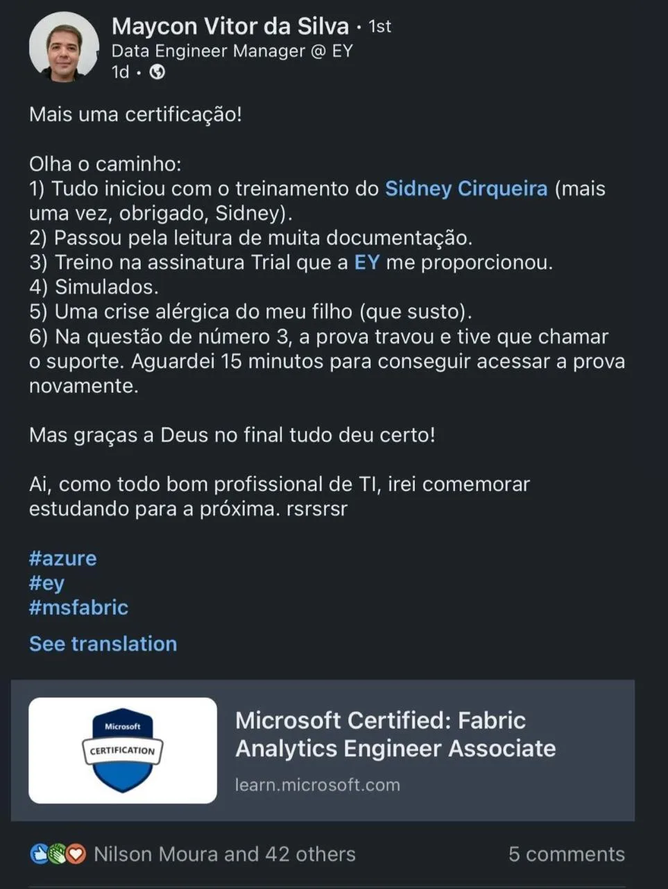 Maycon Vitor da Silva, Data Engineer Manager na EY, aprovado na Microsoft Certified: Fabric Analytics Engineer Associate